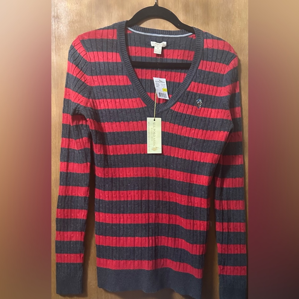 U.S. Polo Assn. Red and Black Striped V-Neck Sweater